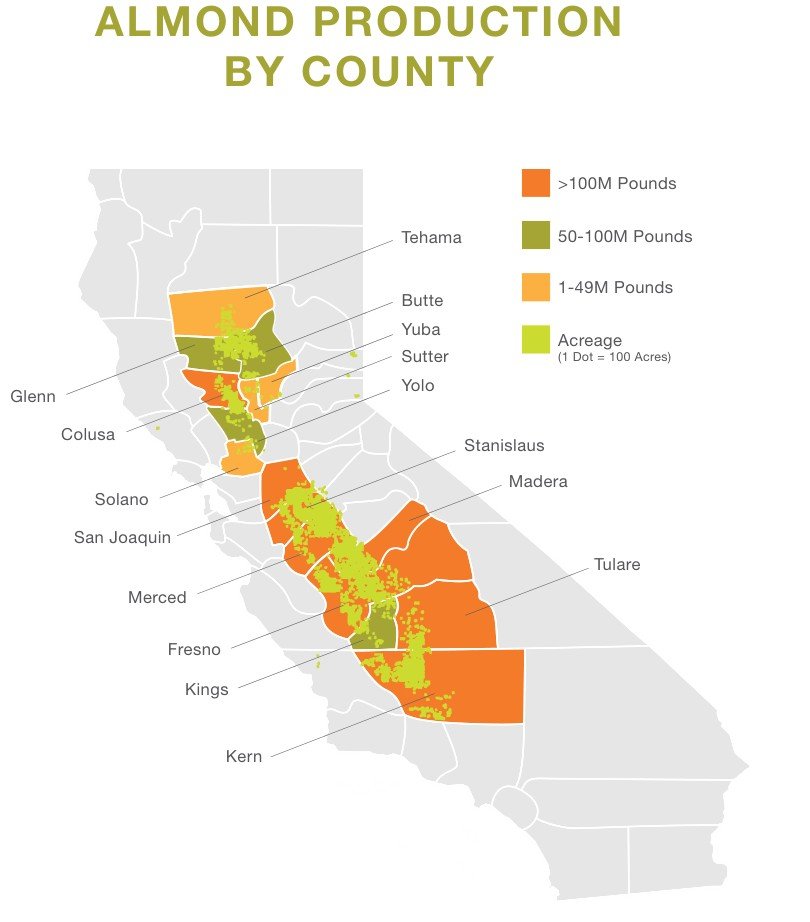 Area Penghasil Almond di California - Almond Producing Counties in California